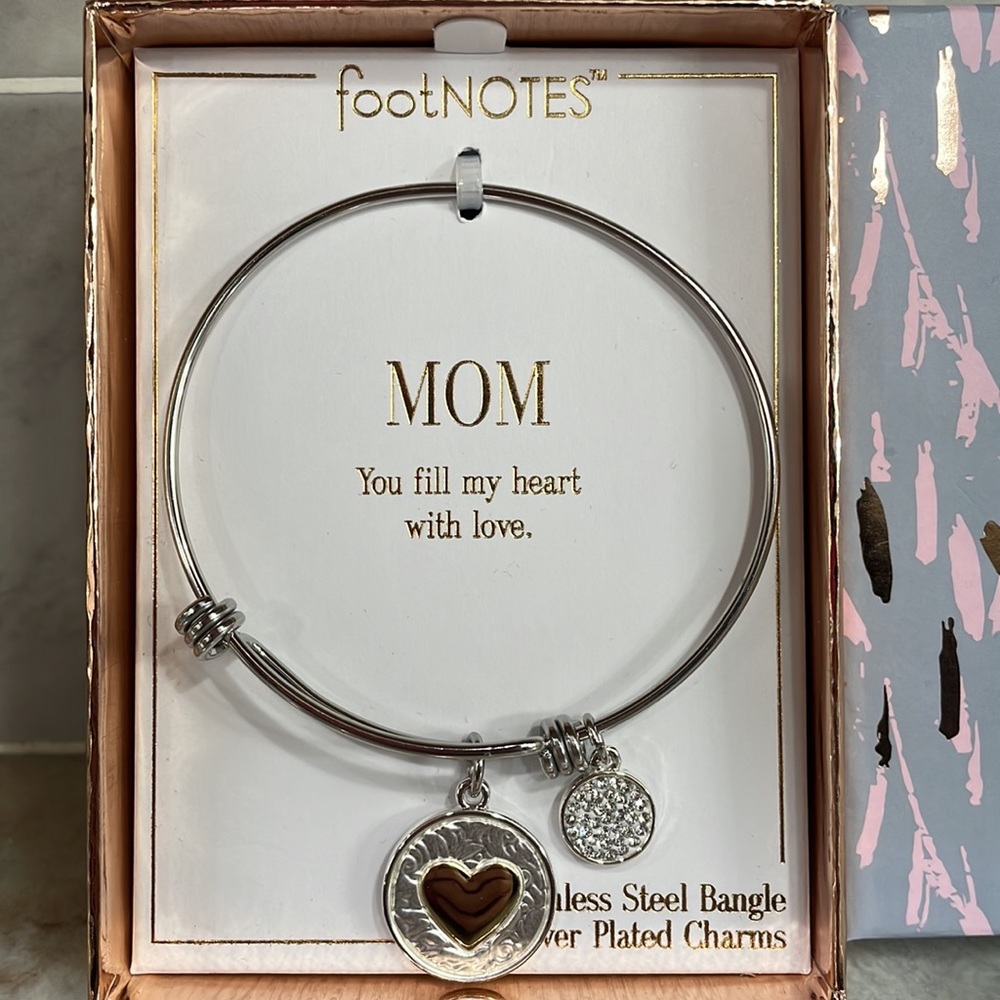 Footnotes Mother Mom Silver & Gold Stainless Bangle Bracelet Fill Heart Love NEW
